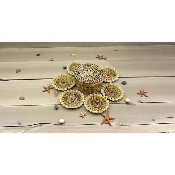 Vintage Woven Wicker Shell Basket & Costers Set Of 5 Decor 3.5in - Picture 1 of 6